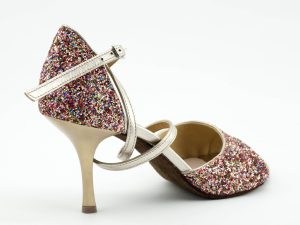 Great looking gold glitter sandals with colourful spots